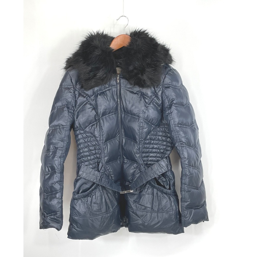 Laundry by Shelli Segal Womens Jacket L Down Fill Puffer Navy Faux Fur Belted